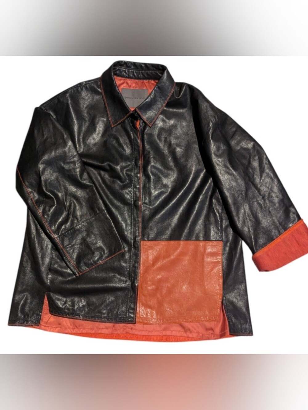 DEMOO Parkchoonmoo Black & Orange Colorblock Lambskin Leather Shirt Jacket